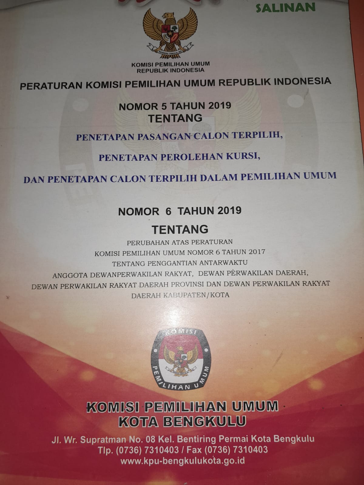 PERATURAN KOMISI PEMILIHAN UMUM REPUBLIK INDONESIA NOMOR 5 TAHUN 2019
